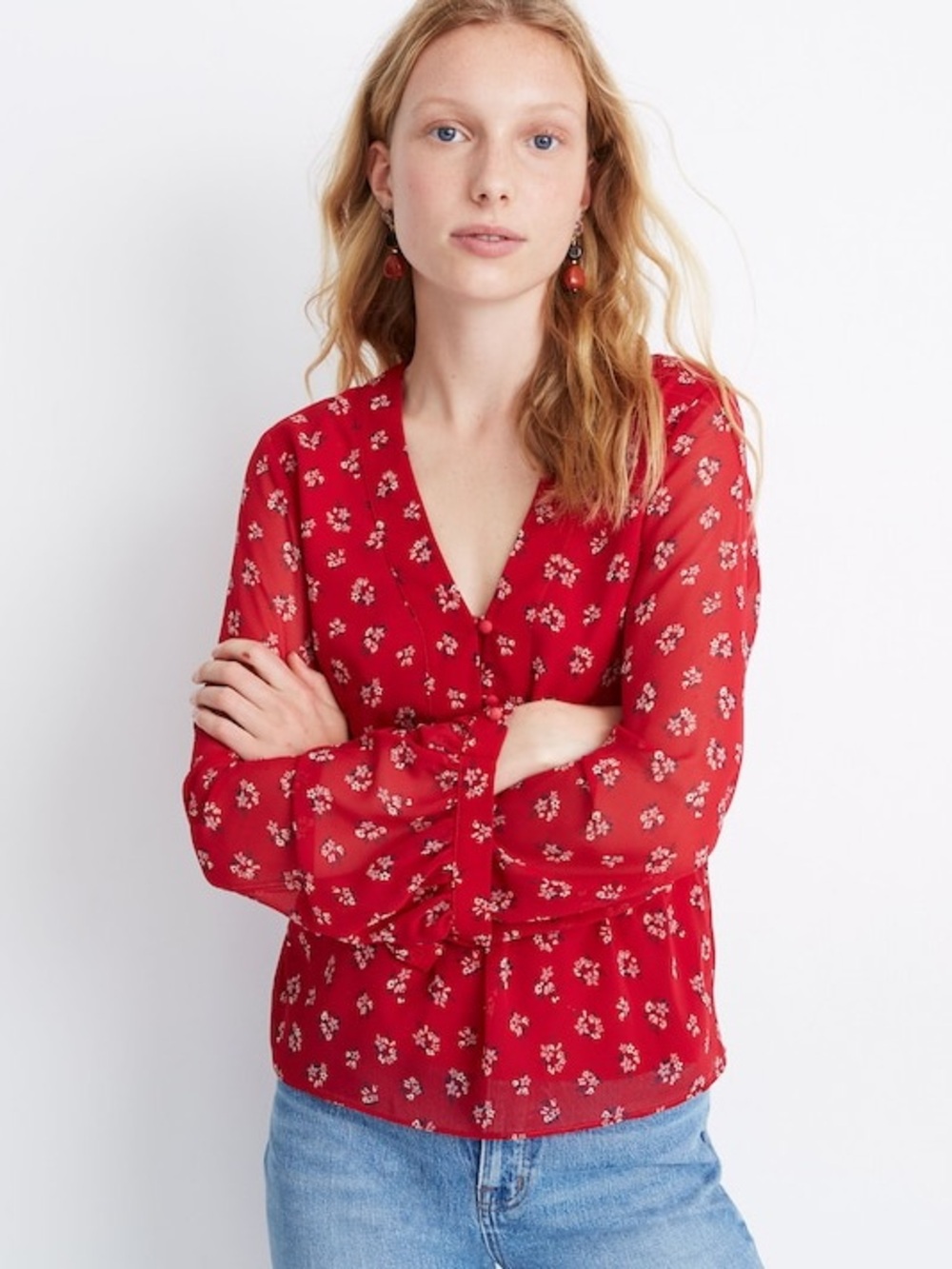 Madewell Red V-Neck Peplum Top